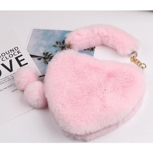 2020 Women Fashion Heart Shaped Bag Female Chain handbag Plush Soft Faux Fur Handbags Bag Purse Mini Small Cute Hairball Purses