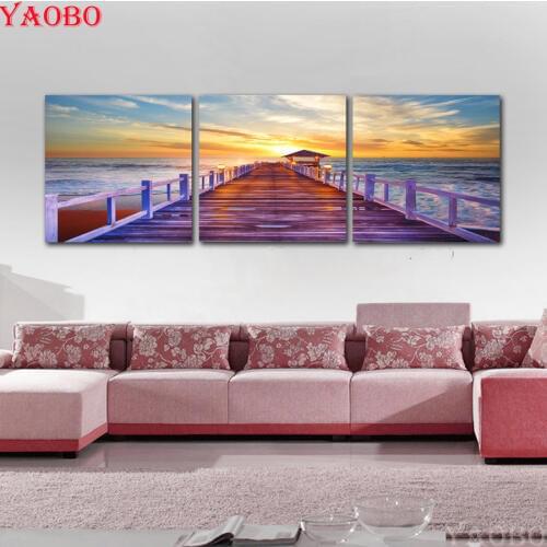 5D Square Mosaic Diamond Embroidery Sky Nature Sunset Seascape And Pier 5D DIY Diamond Painting Cross-stitch 3 pcs room decor