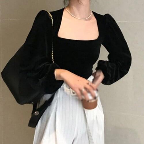 Blouse Women Corduroy Velvet Top Retro Square Collar Shirt Bubble Sleeve Blusas Ropa De Mujer