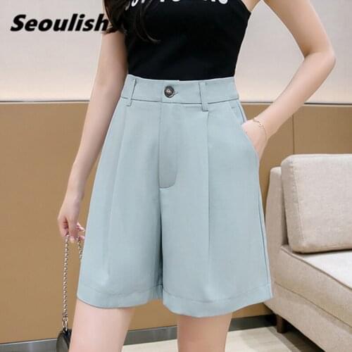 Seoulish 2021 New Summer Workwear Womens Half Pants Office Lady High Waist Button Casual Female Loose Wide Leg Chic Trouses