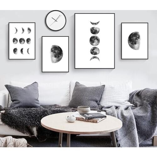 Black And White Moon Canvas Painting Nordic Luna Wall Art Posters and Prints Picture Moon Phases Scandinavian Home Decor HD3121