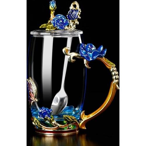 Enamel Water Cup Heat-resistant Glass Wind Flower Tea Cup with Lid Household Tea Cup Female Suit Glass Cup