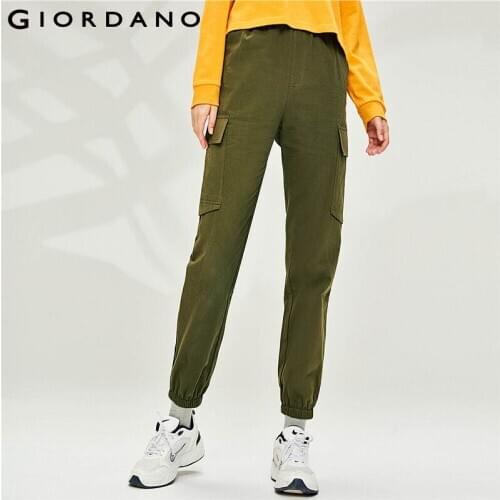 Giordano Women Pants Cotton Cargo Pockets Elastic Waistband Trousers Banded Cuffs Soild Soft Spodnie Damskie 96410608