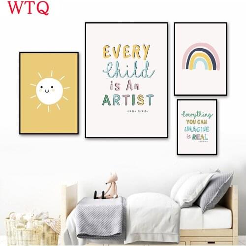 Every Child Is An Artist Nursery Print Colorful Rainbow Poster Painting Cartoon Sun Poster Inspired Wall Picture Kids Room Decor