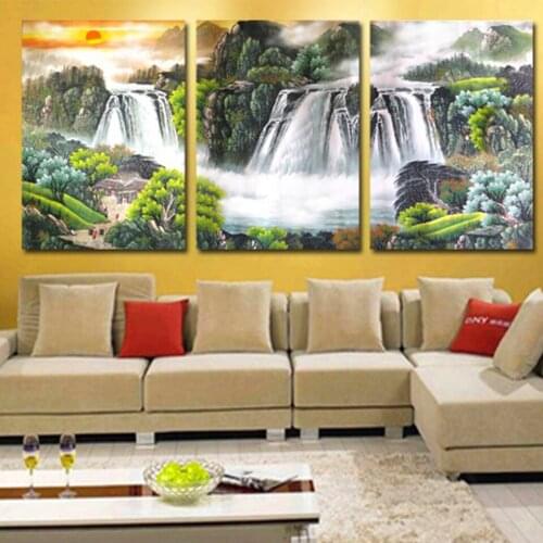 Chinese Waterfall diamond painting Square,Resin Round diamond embroidery Landscape Mountain mosaic art diamond 3 piece,ML191