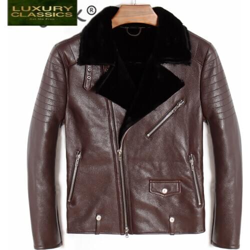 Leather 100% Jacket Real Men Winter Coat Male Genuine Sheepskin Cashmere Liner Bomber Jacket Shearling Moto Jaqueta UM800