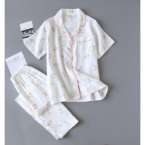 Summer Thin Cotton Gauze Short-sleeved Trousers Women Pajamas Floral Turn-down Collar Two-piece Set Loose and Soft Home Clothes