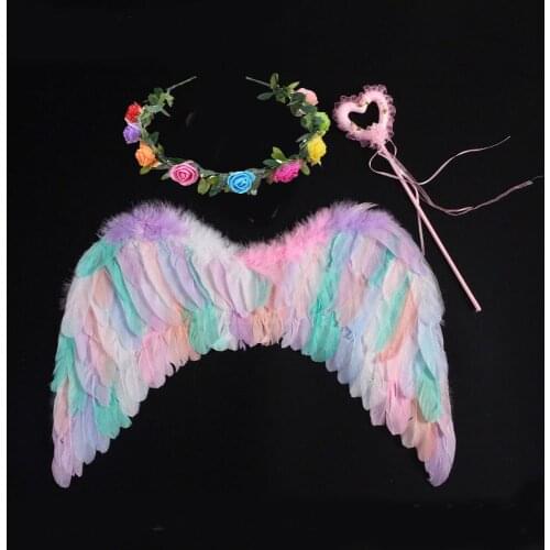 Angel Feather Wings Magic Rod Flower Wreath Fancy Dress Up Costume for Birthday Party Wedding for Women Adult Girls Princess
