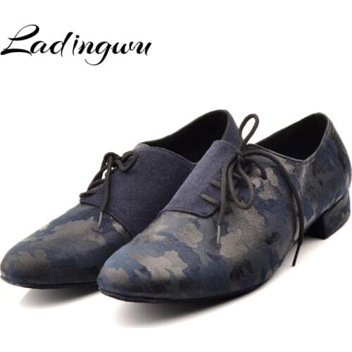 Ladingwu Sneakers Dance Shoes Men Shoes Square Dance Social Ballroom Latin Shoes Camouflage Suede Modern Shoe Hot Blue Brown