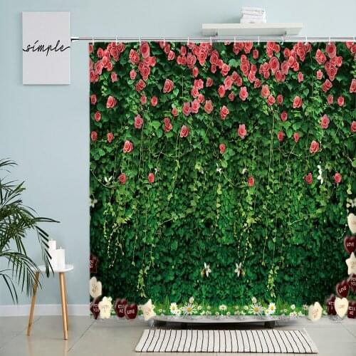 Flowers Wall Scenery Shower Curtain Green Plants Tengman Garden Street Spring Scene Bathroom Decor With Hook Waterproof Screen