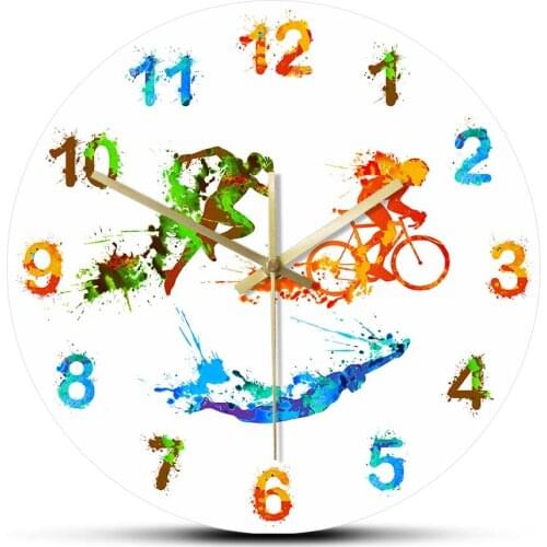 Triathlon Splash Paint Art Printed Wall Clock For Living Room Swimming Cycling Running Triathlete Home Décor Clock Wall Watch