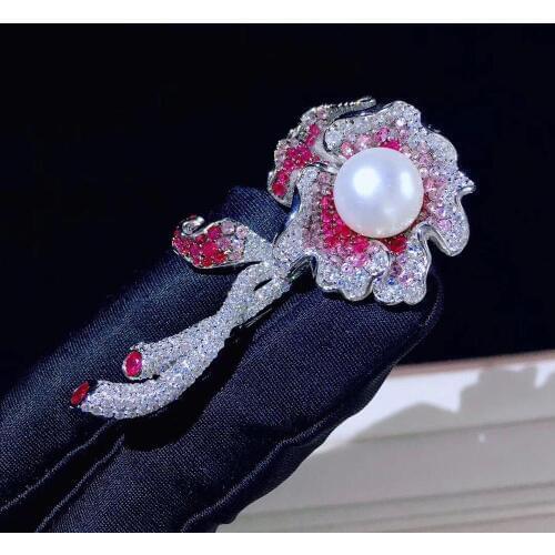 Natural fresh water pearl brooch flower 925 sterling silver with cubic zircon fine women jewelry for dress free shipping