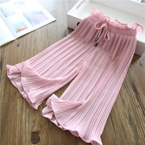 New Summer Girls Korean Style Childrens Pants Wide Leg Pants Lace Chiffon Waist Toddler Baby Solid Color Loose Pleated Trousers