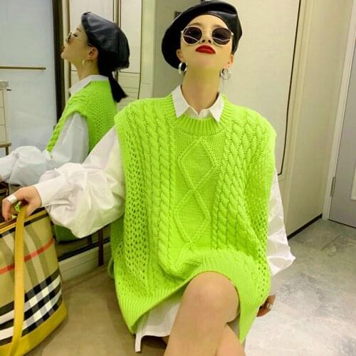 Autumn Winter Sweater Vest for Women Bright Green Loose Student Vest Sleeveless R Korean Y2k Waistcoat Large Size Knit Sweater