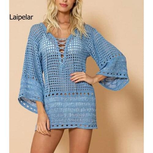 2021 Bandage Hollow Out Beach Blouse Solid Color Sunscreen Clothing Womens Knitted Beach Short Dress