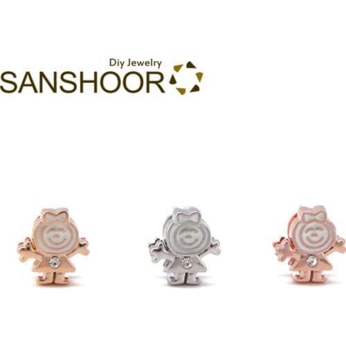 SANSHOOR Little Girl Slide Charms Fit 8mm Wide Leather Keeper Bracelet Mesh Stainless Steel Armband Toddler Children Gifts 6Pcs