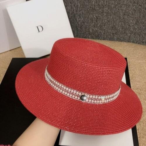 2021 New Summer Ladies Spring Hats Flat Top Fashion Pearl Straw Hat Panama Sun Visor Cap Travel Vacation Beach Hat