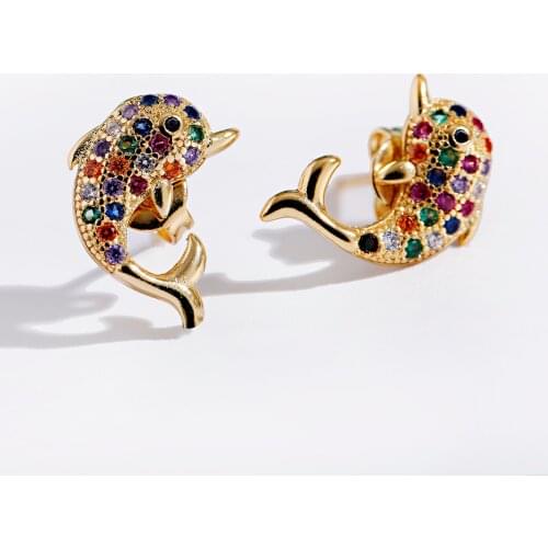 Cute Dolphin Rainbow Stud Earring Piercing Gold Plated Cz Earrings For Girl Jewelry Fashionable New Year Gift Friendship Korean