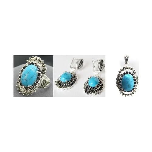 Vintage Blue Turquoise 925 Sterling Silver Marcasite Ring (#6-9) pendant and earrings sets
