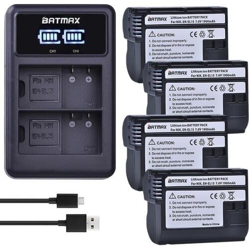Batmax Decoded 4Pcs EN-EL15 EN EL15 Battery + LED USB Dual Charger for Nikon D600 D610 D800 D800E D810 D7000 D7100 D7200 V1
