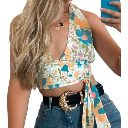 Y2K Women Halter Tank Tops Sexy Deep V Neck Sleeveless Self Tie Backless Floral Print Ruched Camisole