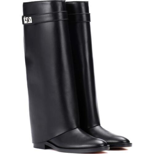 Women Hot Selling Black Leather Flat Boots Calf Metal Shark lock Comfortable Flat Boots Winter Red Boots