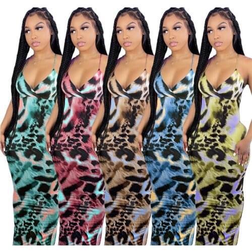 2021 Fashion Women Leopard Print Long Maxi Dress Summer Strap Sheath Sexy Club Bodycon Dress Vestidos