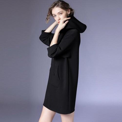 Elastic space cotton hooded sweater dress womens fall 2021 new fashion hat drawstring collar front leather casual straight skir