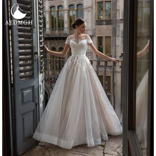 Aedmgh Ball Gown Empire Wedding Dresses 2021 Sweetheart Short Sleeve Court Train Vestido De Novia Appliques Lace Up Bridal Gowns