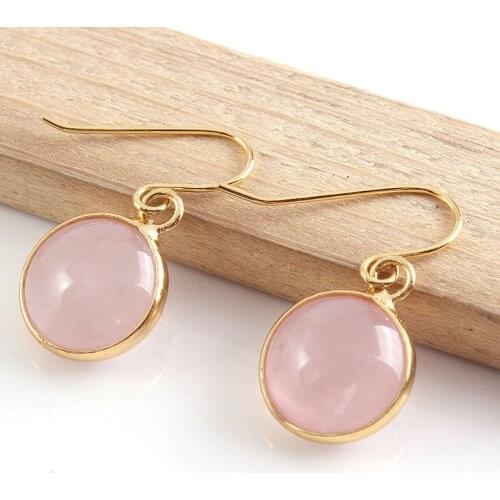 100-Unique 1 Pair Light Yellow Gold Color Natural Rose Pink Quartz Cabochon Earrings Charm Jewelry Womens Earring