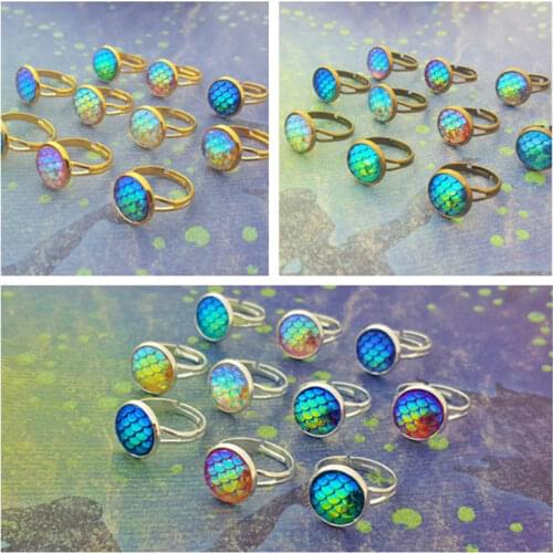 12(Style) Mermaid Scale Resin Ring Dragon Evil Eye Rings Adjustable Women Jewelry 2018 New Kids Rainbow Scales Mermaid Gift