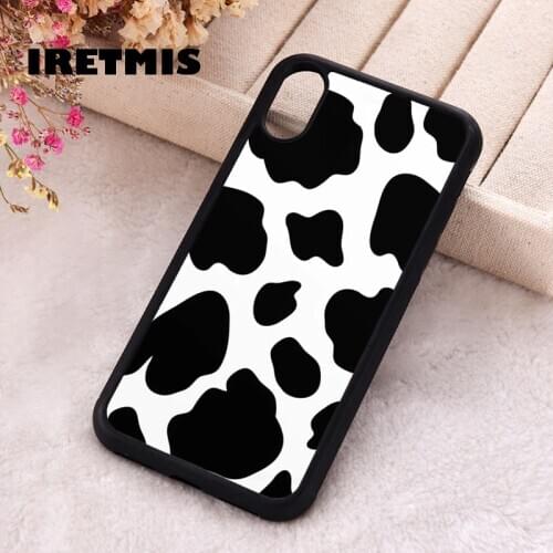 Iretmis 5 5S SE Phone Cover Cases for iPhone 6 6S 7 8 Plus X Xs Max XR 11 12 MINI Pro Rubber Cow Black Stains White Background