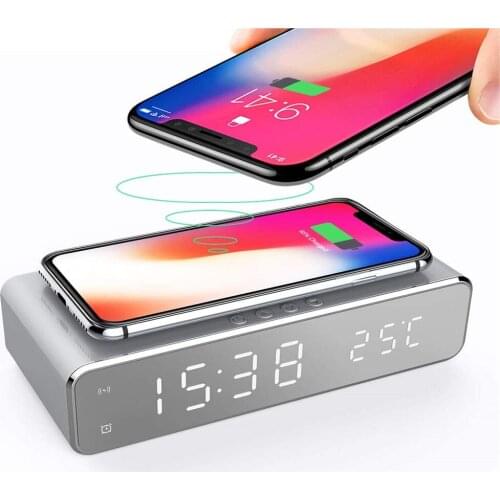 Digital Alarm Clock with Wireless Charger,LED Desk Alarm Clock with Thermometer and Time, 10W Qi-Certified Wireless Charger