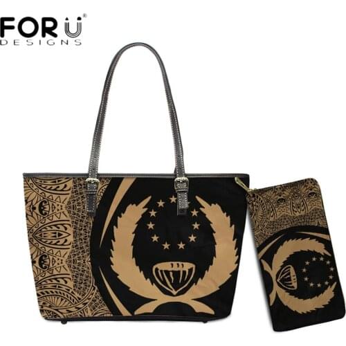 FORUDESIGNS Brand Design Large Women Totes Bag And Purse 2pcs Set Polynesian Pohnpei Tribal Printing PU Leather Party Handbags