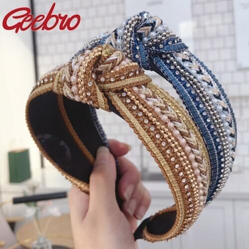 Geebro Women Sequins Crystal Pearl Knot Headbands Bow Hairbands Bohemia Hair Accessories Flower Hair Bands For Women Head Wrap