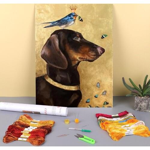 Animal Dachshund Printed Canvas 11CT Cross-Stitch Full Kit Embroidery DMC Threads Handiwork Needlework Painting Gift