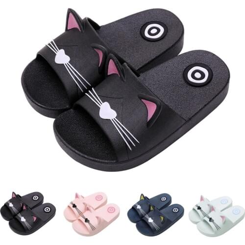 Cute Kids Slippers Summer Kids Girls Boy Cartoon Cat Floor Rubber Waterproof Flat Heels Family Shoes Beach Sandals Home Slippers
