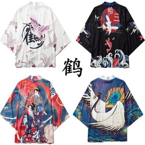 Kimono Cardigan Women Crane Harajuku Ukiyo-e Dragon Cloak Fashion Japanese Style Men Samurai Costume Sakura Haori Geisha Costume