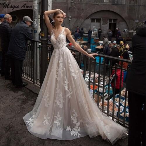 Magic Awn Princess Lace Tulle Wedding Dresses Boho Appliques Illusion Sleeveless Vintage Wedding Party Gowns Robes De Mariage