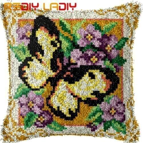 Latch Hook Cushion Butterfly Pillow Case Pre-Printed Color Canvas Acrylic Yarn Latched Hook Pillow Crochet Cushion Cover Kits