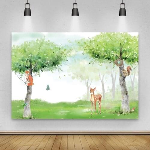 Laeacco Newborn Baby Shower Photo Backdrop Watercolor Forest Trees Safari Animal Baby Birthday Party Background For Photo Studio