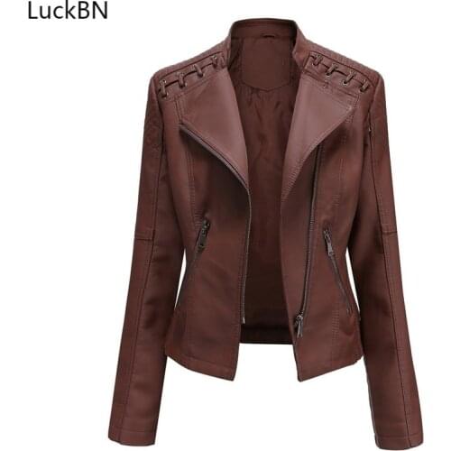 2020 New Spring and Autumn Womens Leather Womens Long-Sleeved Jacket Slim Thin Leather Jacket Womens Motorcycle Clothes