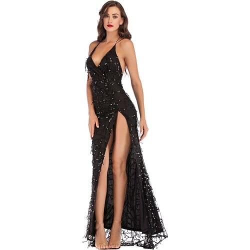 Sequin Spaghettistrap Dress Women Summer High Slit Black Sexy V Neck Backless Party Dress Evening Formal Vestido Midi Elegante
