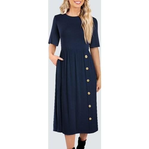 Casual O Neck Side Buttons Elegant Solid Color Stylish Brief Soft Women Autumn Dress HA237