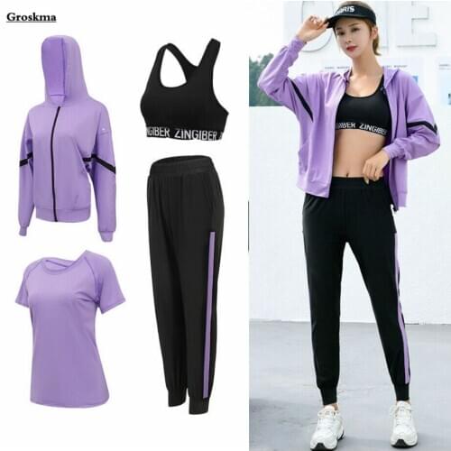 Plus Size Women Yoga 4 Piece Set Sports Running Quick Dry Suits Fitness Gym Clothing Outdoor Coats+Bra+T Shirt+Pants 3XL