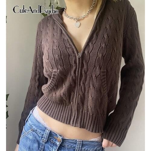 Streetwear Autumn Retro Solid Cardigans Casual Zip Up Loose Grunge Hoodie Top Solid Front Pockets Chic Knitwear Cuteandpsycho