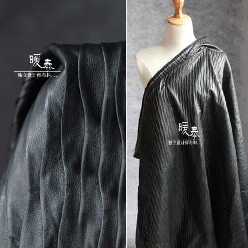 Unique Wave Pleated Leather Fabric Black Scales Texture DIY Patches Bags Locomotive Coat Cosplay Decor Clothes Designer Fabric
