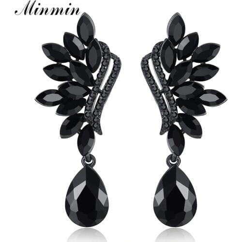 Minmin Vintage Black/Silver Color Crystal Drop Earrings for Women Teardrop Shape Long Earrings Fashion Jewelry 2019 New MEH1043