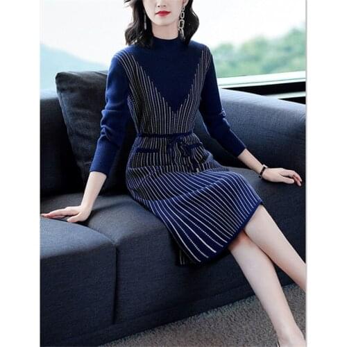 Knit Dress Female A-line Skirt Winter Keep Warm New Striped Pocket Sweater Fashion Waist Slimming Dress European Style Dress
