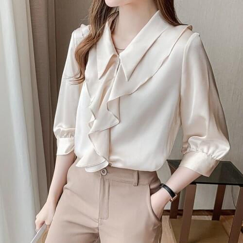 Korean Office Lady Elegant Ruffle Chiffon Shirts Women Chic Apricot Turn-down Collar Summer Blouse Female Fashion Workwear Tops